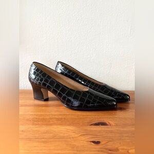 Calico shiny black reptile print leather upper almond toe stack heels